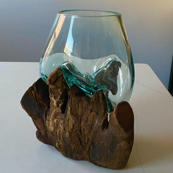 Handmade Art Glass Wood Vase Blown Molten Glass Bowl Teak Base Terrarium NEW - Picture 3 of 16